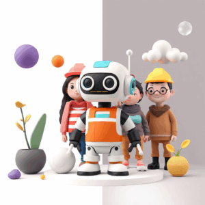 Ein Roboter mit 3 Freunden hinter sich