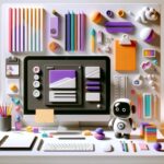 Illustration eines Arbeitsplatzes mit Bildschirm Tastatur und Roboter
