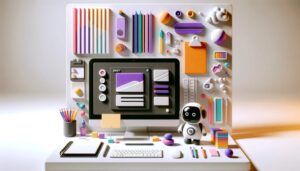 Illustration eines Arbeitsplatzes mit Bildschirm Tastatur und Roboter