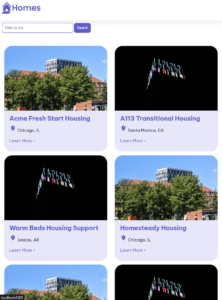 Ausschnitt aus der Benutzeroberfläche der Anwendung: Zu sehen ist die Startseite, auf der verschiedene Immobilienobjekte mit Beispielbildern, Titel und Standort angezeigt werden. Bei jedem Objekt kann man auf „Learn more“ klicken, um mehr über das Objekt zu erfahren.