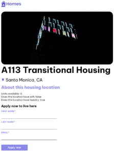 Ausschnitt aus der Benutzeroberfläche der Anwendung: Zu sehen ist die Detailseite eines Immobilienobjekts, auf der das Bild und alle Eigenschaften des Objekts aufgelistet sind. Darunter befindet sich ein Bewerbungsformular.