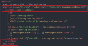 Ausschnitt aus dem HTML Code, der mit beginnt und mit endet. Die section Tags sind rot umrandet.