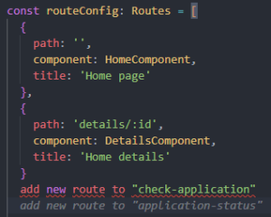 Ausschnitt aus dem JavaScript Code. Zu sehen sind die erstellten Routes und darunter die Interaktion mit GitHub Copilot: Eingegebener Text: add new route to “check-application“ Vorschlag von GitHub Copilot: add new route to “application-status“