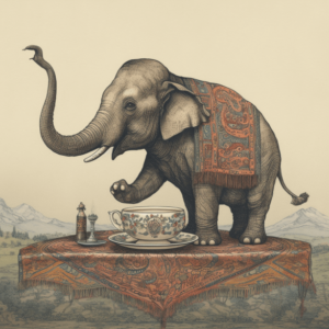KI Elefant mit fünf Beinen, von denen er eines in die Luft streckt, steht auf einem fliegenden Tischtuch. Sein Rüssel hat einen Schlangenkopf mit Zunge und vor ihm stehen eine übergroße Teetasse und ein Weihrauchgefäß. Das Tischtuch schwebt über einer Wiese mit Bäumen und Bergen im Hintergrund.