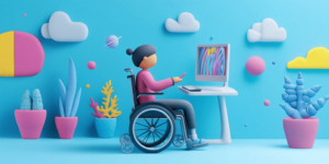 Eine Person im Rollstuhl bedient ihren Computer, auf dem Bildschirm ist ein farbenfrohes Muster zu sehen, minimalistische 3D-Knet-Illustration.